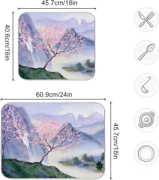 Absorbent Dish Drying Mat for Kitchen Counter - Chinese Painting Colors Microfiber Drying Pad, Reversible Drainer Mats for Countertop, Lager 18 x 24 inch