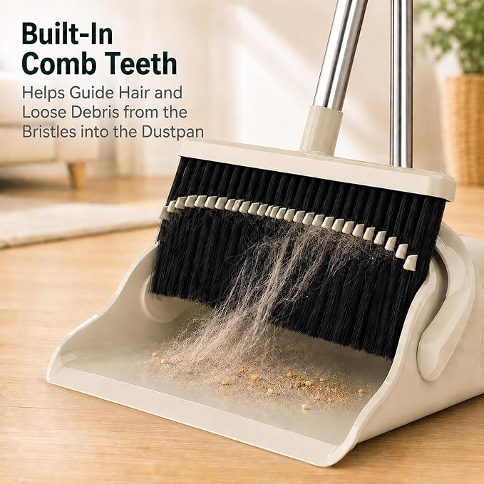 Broom and Dustpan Set, 52-Inch Handle, Comb Teeth, Gray Yellow | Long handle broom set for home, kitchen, apartment andstorage