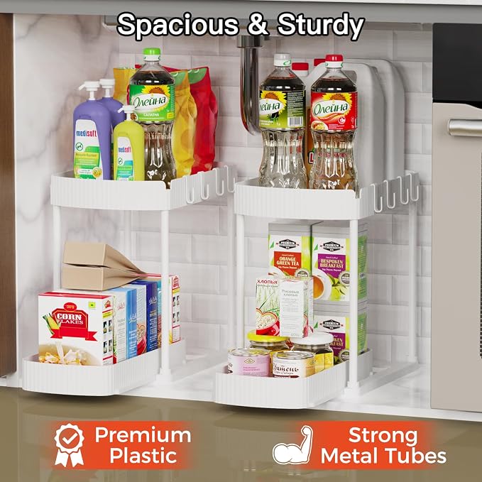 Ukeetap 2 Pack Multi-Purpose Pull-Out Storage Organizers, Under Sink & Cabinet Storage, 12.8 Inch, White
