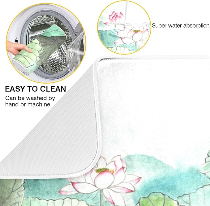 Absorbent Dish Drying Mat for Kitchen Counter - Lotus Watercolor Microfiber Drying Pad, Reversible Drainer Mats for Countertop, Small 16 x 18 inch