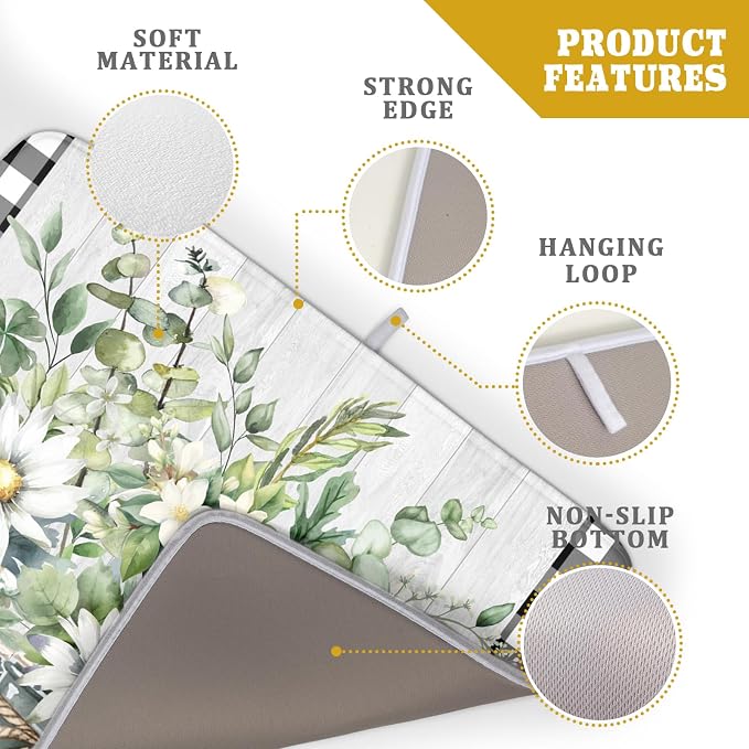 Daisy Floral Dish Drying Mat for Kitchen Counter Watercolor Flowers Absorbent Dishes Drainer Rack Mat 18x24 Inch Microfiber Dish Drying Pads Spring Kitchen Drying Dishes Pad Countertops
