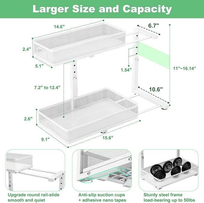 Under Sink Organizer 2 Pack, High Adjustable 2 Tier Under Sink Organizers and Storage, Slide out Metal Cabinet Organizers, Pull out Storage Drawer Shelf for Kitchen Bathroom Cabinet (White-1 pack)