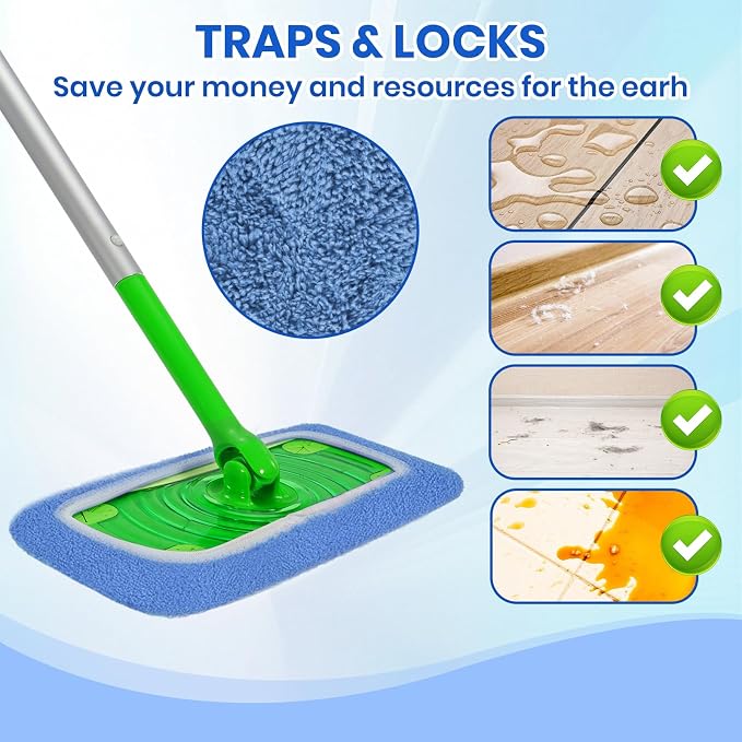 6 Pack Reusable Microfiber Mop Pads - Compatible with Sweeper, Reusable Mop Pads, Washable Dry Cloths & Wet Pads Refill for Hardwood Laminate Tile Floor Cleaning (6, Blue, M)