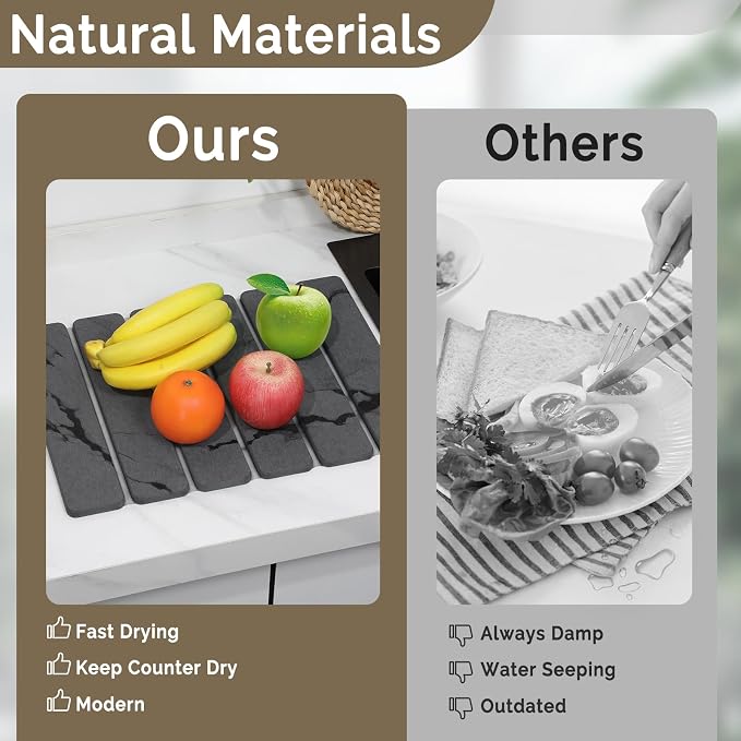 Large Stone Dish Drying Mat for Kitchen Counter, 2PCS Quick Dry Stone Dishes Mat,Foldable Water Absorbing Diatomaceous Drying Organizer Pad for Plate Rack Bottles Utensils(Dark Gray 16"x12" & 8“x4")