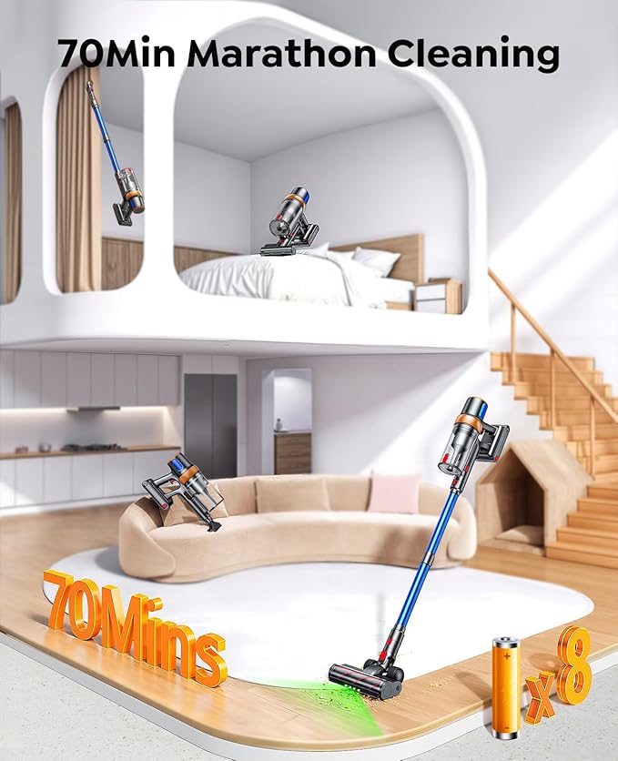 Cordless Vacuum Cleaner, 650W 55KPA 70Mins Vacuum Cleaners for Home, Upgraded Stick Vacuum with Mattress Cleaning Tool, Wall Mount Charging, Auto Mode, Self-Standing Vacuum for Pet Hair/Floors/Carpets