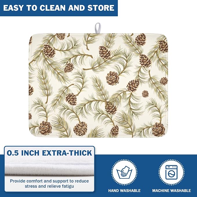 Winter Pine Cone Dish Drying Mat for Kitchen Counter Christmas Pinecone Pine Tree Branches Dish Drainer Mat Xmas Holiday Rustic Absorbent Washable Drying Pad 18"x24"