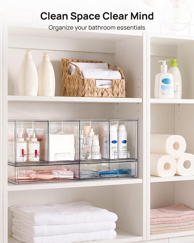 Vtopmart Stackable Storage Drawers Set of 3, Clear Plastic Organizer Bins for Bathroom Supplies, Ideal for Cabinet,Shelf, Pantry, Laundry Room Organization