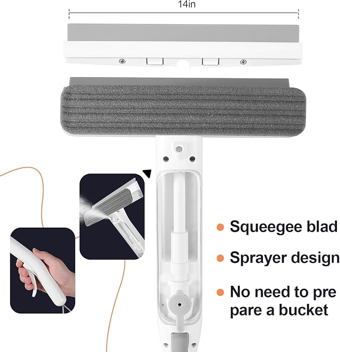 4 in 1 Window Squeegee with Wastewater Tray, Window Cleaner Tool with Spray Bottle, 70.87" Adjustable Extension Pole for Shower Glass & Car Window