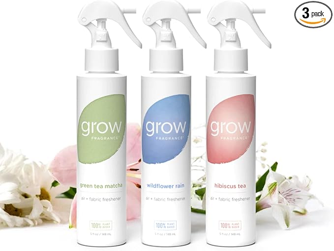 Grow Fragrance Fresh Clean 3-Pack – Non Toxic Air Freshener Spray – Green Tea Matcha, Hibiscus Tea & Wildflower Rain – 100% Plant-Based Essential Oils – Safe for Home, Car & Linens – 5 oz Each