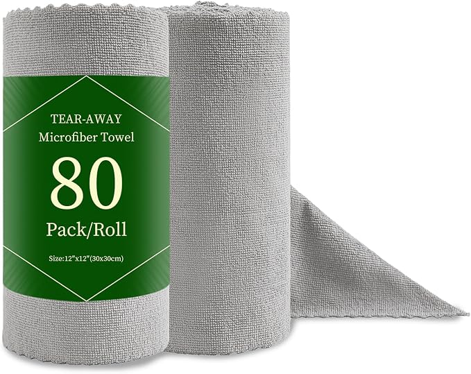 Jessy Home 80 Pack Reusable Paper Towels Grey Microfiber Cleaning Cloth Roll 12"x12" Microfiber Towels for Kitchen, Tear Away Cloth, Lint Free Rags for House,Car,Window,Cleaning Supplies