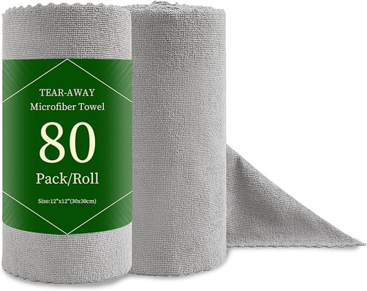 Jessy Home 80 Pack Reusable Paper Towels Grey Microfiber Cleaning Cloth Roll 12"x12" Microfiber Towels for Kitchen, Tear Away Cloth, Lint Free Rags for House,Car,Window,Cleaning Supplies