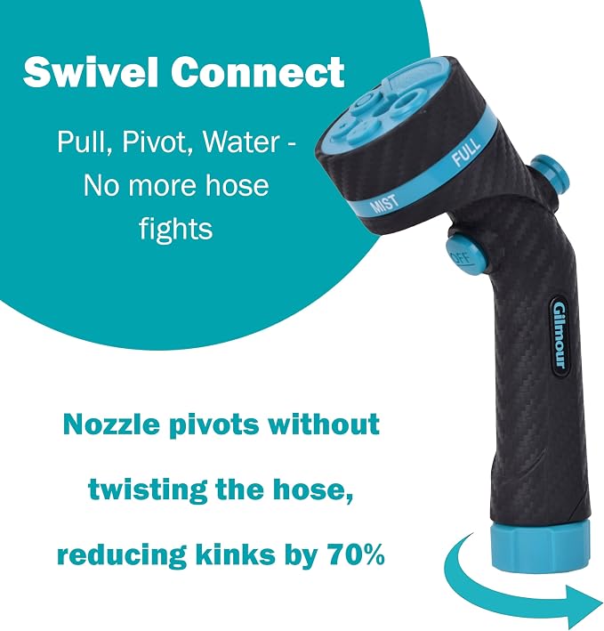 Gilmour Heavy Duty Button Control Garden Hose Nozzle with Swivel Connect | 5 Spray Patterns, Ergonomic Grip, Flow Control, Durable Graphite Metal Build, Multi Use for Plants, Pets, Cars, and Patios
