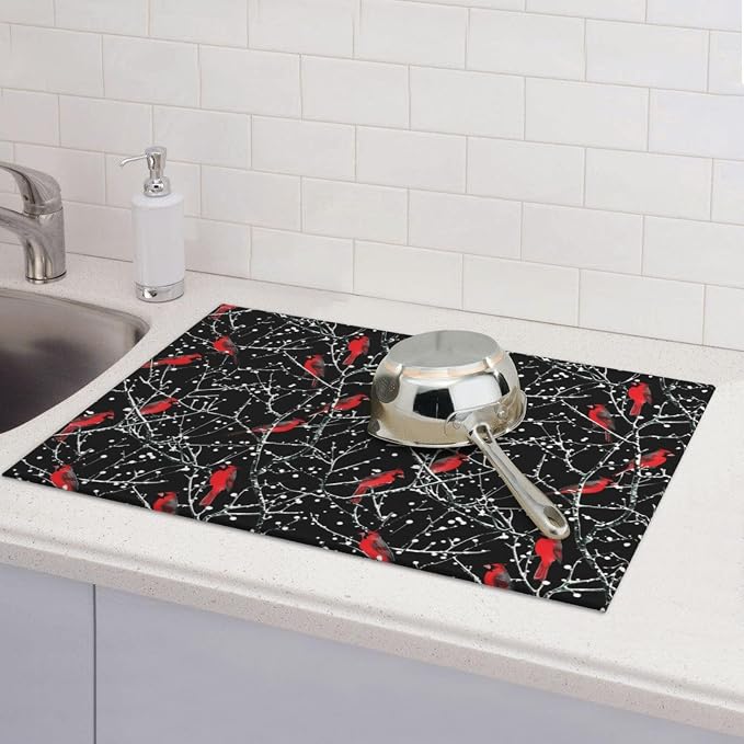 Red Bird Winter Red Cardinals Dish Drying Mat For Kitchen Counter, Super Absorbent Microfiber Dish Drying Pad, Kitchen Gadgets For Easy Clean Multi-Use Large 18"x24"
