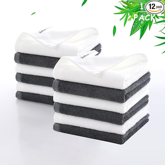 Wash Cloth 12 Cnt,Large Face Towel for Sensitive Skin,13x13 in,White+Grey | 100% Viscose,Women Makeup Removal,Soft,Gently Wash Face and Body,Extra Rinsed,Hanging Loop,Face Cleansing,Bathroom,Travel Use