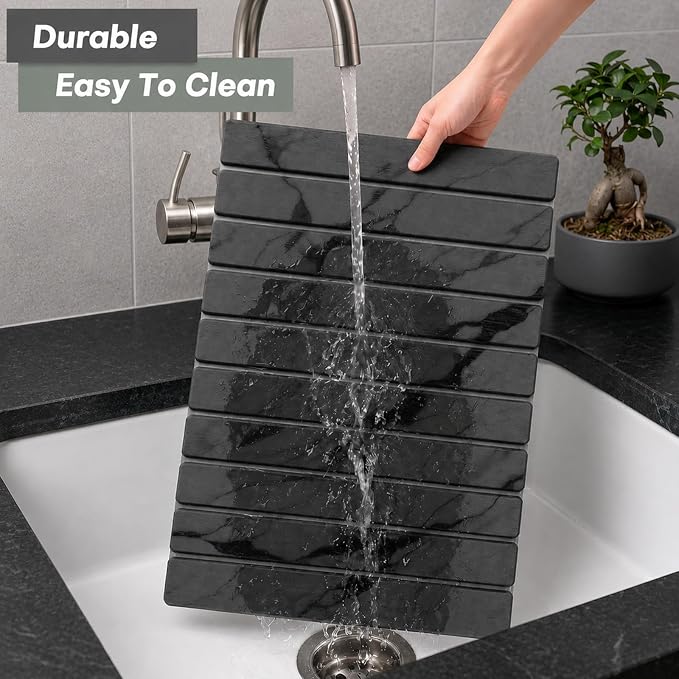 Large Stone Dish Drying Mat for Kitchen Counter, Quick Dry Stone Dishes/Bath Mats,Foldable Water Absorbing Diatomaceous Earth Drying Organizer Pad for Plate Rack Bottles Utensils(Dark Gray 24"×16")