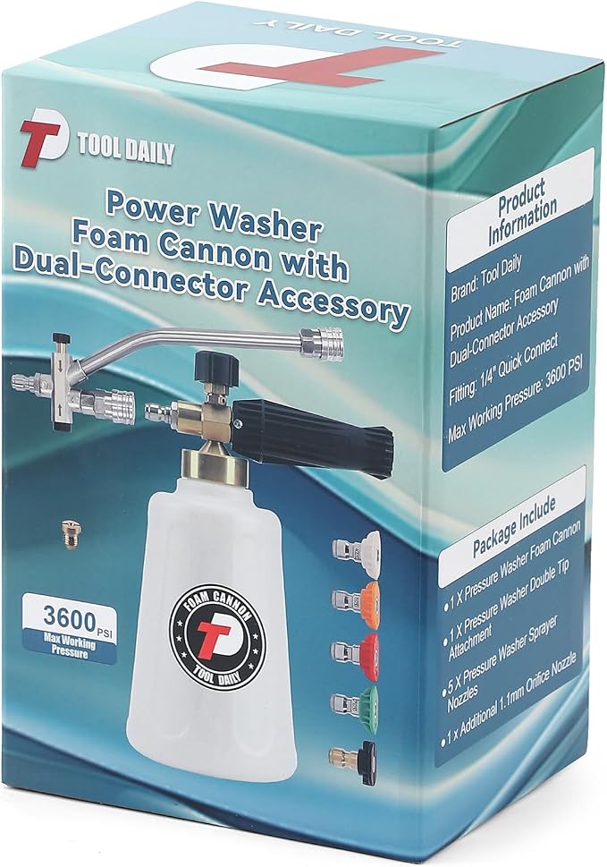 Tool Daily Foam Cannon for Pressure Washer with Dual Connector, 1.5 Liter | Wide Mouth Soap Cannon, Additional Orifice Nozzle 1.1mm, 5 Power Washer Sprayer Nozzles, 1/4 Inch Quick Connect, 3600 PSI