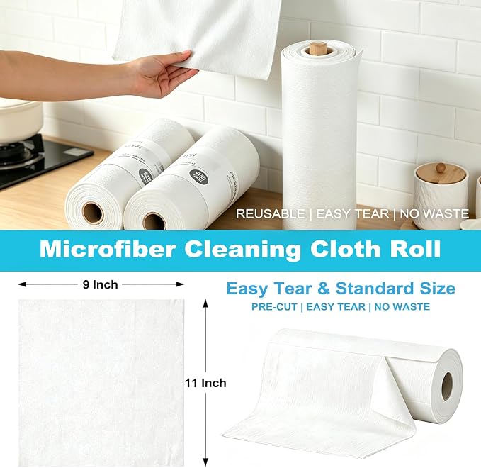 Puomue 55 Pack Microfiber Cleaning Cloth Roll, Tear Away Reusable Towels, 11" X 9", Ultra Absorbent & Lint Free Microfiber Cloth for Cleaning Cars, Kitchen, Window, and Shop (White, 9”X11”-55PK)
