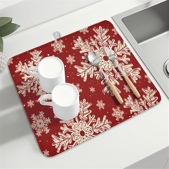 Red Christmas Dish Drying Mat for Kitchen Counter 16x18 Inch | Christmas Snowflake Dish Drainer Mat Rustic Farmhouse Xmas Holiday Absorbent Washable Drying Pad