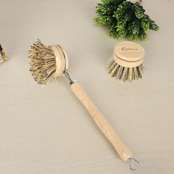 Bamboo Dish Scrubber with Handle - Hard Bristle Natural Bristle Brush Sustainable & Biodegradable Kitchen Scrub Brush for Dishes Pans and Pots