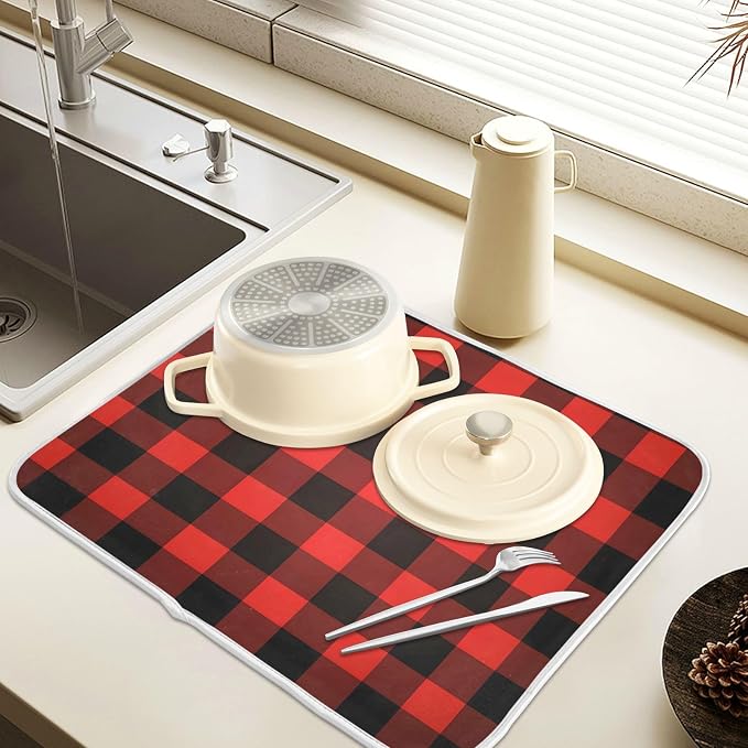 Christmas Red Black Buffalo Plaid Dish Drying Mat for Kitchen Counter Absorbent Microfiber Small Drying Pad Dish Mats for Kitchen Countertops 16 x 18 Inch