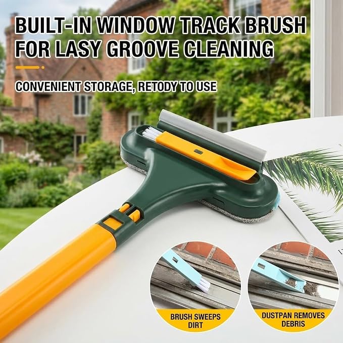 3 in 1 Window Squeegee for Home, 2-Way Brush Window Cleaning Tool with TPR Soft Rubber Squeegee for Cleaning Screens, Glass & Window Tracks