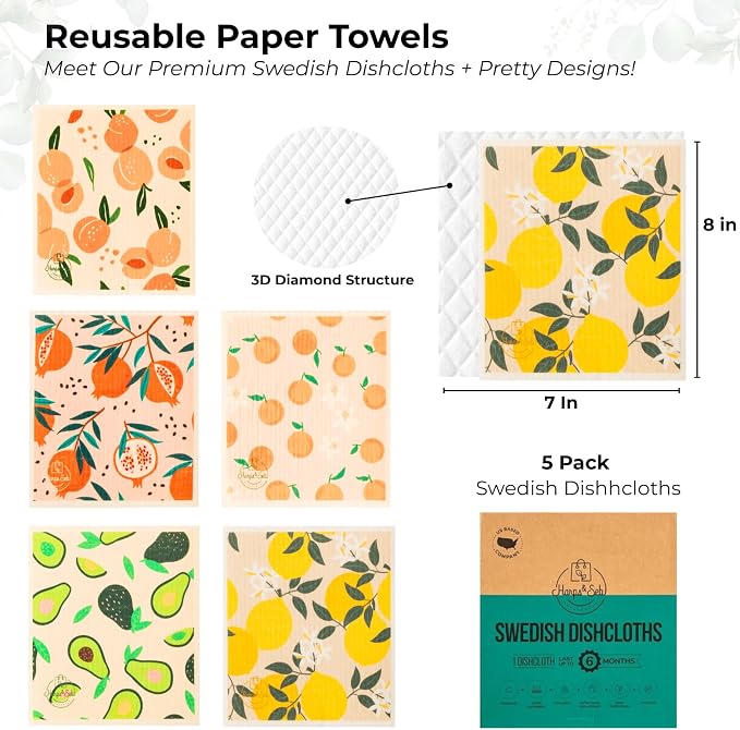 Harps&Seb Swedish Dishcloths for Kitchen Dish Towels - 5 Pack, Non-Scratch Reusable Paper Towels, Super Absorbent Washable Swedish Dish Cloths, No Odor, Biodegradable, Fruit Design