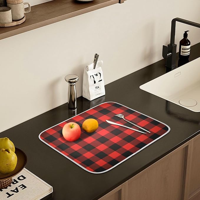 Christmas Red Black Buffalo Plaid Dish Drying Mat for Kitchen Counter Absorbent Microfiber Small Drying Pad Dish Mats for Kitchen Countertops 16 x 18 Inch