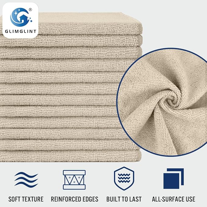 GLIMGLINT Brown Microfiber Cleaning Cloth,12PK Reusable Cleaning Rags, Highly Absorbent Shop Rags Bulk, All-Purpose Car Cleaning Towels for TV Screen, Kitchen, Bathroom, Restaurant Garage, 14"X12"