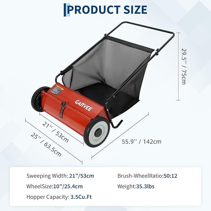 Garvee 26-Inch Push Lawn Sweeper for Yard and Garden Cleanup Red | 4 Leaf Sweeper Brush, Large 7 cu. ft. Hopper Bag, Height Adjustable, Durable Steel Frame