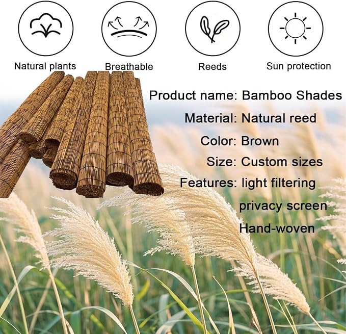 Cordless Privacy Screen Bamboo Roller Blind, Natural Reed Shades For Patio Outdoor, Bamboo Blind Light Filtering With Lift, Custom sizes 10" 20" 27" 30" 34" 38" 45" 49" 50" 55" 63" 68" 72" 77"(W46"x H