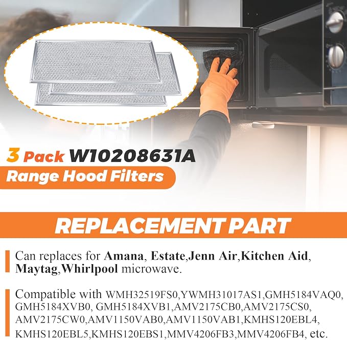 [2026 Upgraded] W10208631A Microwaves Grease Filter Approx. 13" x 6" by Beaquicy - Replacement for Whirlpool GE Microwaves 3 Pack