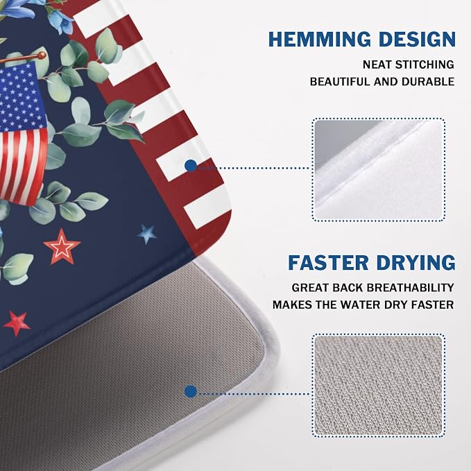 4th of July Dish Drying Mat for Kitchen Counter Patriotic Red Blue and White Floral American Flag Microfiber Dish Drainer Mat Absorbent Washable Drying Pad Extra Large 18"x24"