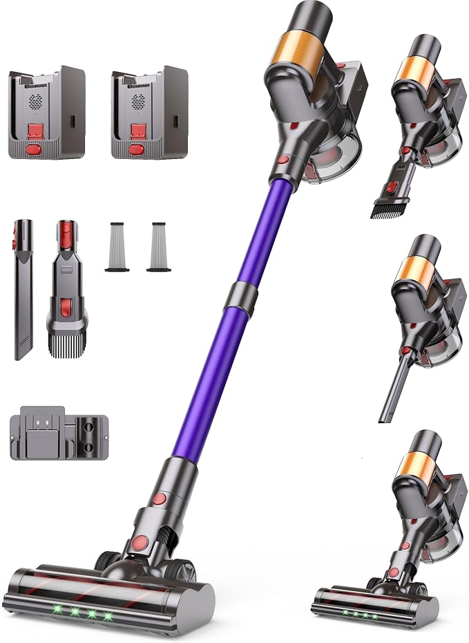 Cordless Stick Vacuum Cleaner, 2 Batteries 120 Mins for Home, Pet Hair | 600W 50KPA Powerful, Self-Standing, Tangle-Free Brush, LED Display, Vacuum Cleaner for Hardwood Floor, Carpet