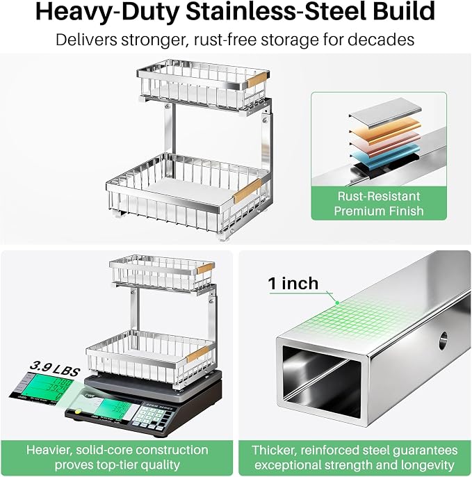 Kitstorack Under Sink Organizer, 2 Tier Under the Sink Storage, Slide out Pull out Cabinet Organizer Shelf, Metal Sliding Drawer for Kitchen Bathroom Pantry Closet Organization Rack, Silver, 1 Pack
