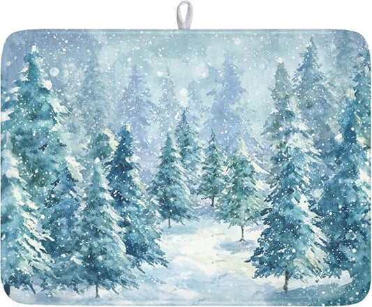 Winter Forest Dish Drying Mat for Kitchen Counter 18x24 Inch | Blue Christmas Pine Trees Snow Scene Dish Drainer Mat Rustic Seasonal Holiday Absorbent Washable Drying Pad
