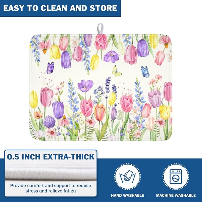Spring Floral Dish Drying Mat for Kitchen Counter Easter Tulip Lavender Flower Microfiber Dish Drainer Mat Rustic Farmhouse Absorbent Washable Drying Pad Extra Large 18"x24"