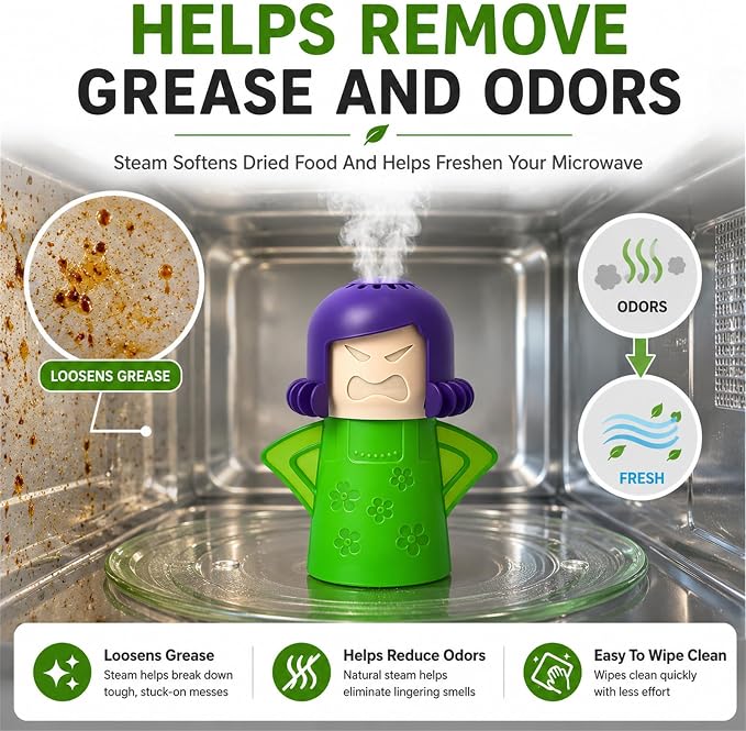 Microwave Steam Cleaner Tool, Fill with Vinegar & Water, Optional Lemon Drops, Heat 5-7 Minutes to Soften Grease & Residue, Non-Toxic Reusable Kitchen Cleaner for Microwaves (Green)