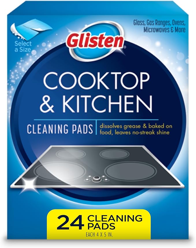 Glisten Cooktop and Kitchen Cleaning Pads for Glass, Gas Ranges, Ovens, Microwaves, and More, Dissolves Grease and Baked on Foods, Lemon Scent, 24 Large Pads or 48 Small Pads