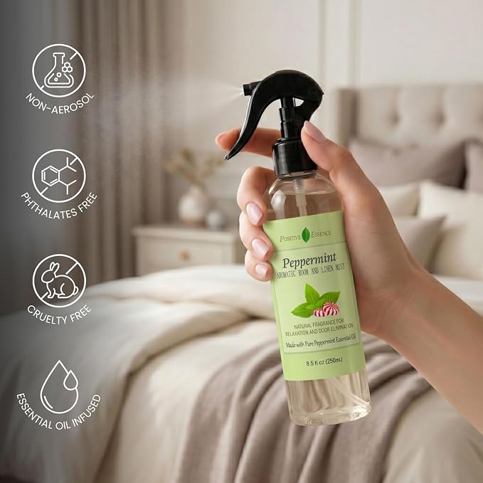 Peppermint Linen and Room Spray, Natural Aromatic Mist Made with Pure Peppermint Essential Oil, Perfect as a Bathroom Air Freshener Odor Eliminator (8.5 fl oz)