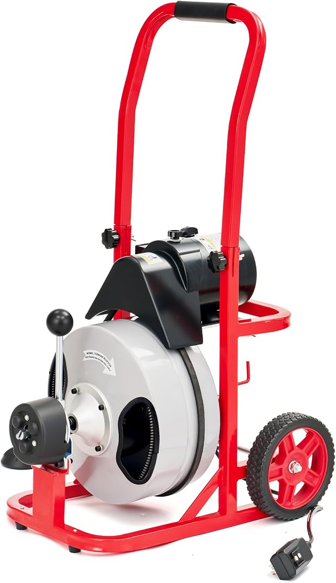 Albott 100 FT x 1/2 inch Electric Drain Cleaner Machine with Auto-Feed & 10 Cutters, Sewer Snake Auger for 1–4 Inch Pipes, Foot Switch & Wheels, Ideal for Home & Commercial Use, Gray/Red