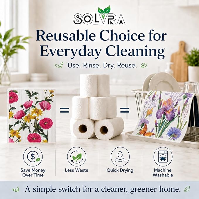 14 PCS Flower Print Swedish Dishcloths for Kitchen 100% Biodegradable, Reusable Cellulose Sponge Cloths Ultra Absorbent, Eco Friendly Cleaning Towels Dishcloths for Washing Dishes & General Cleaning