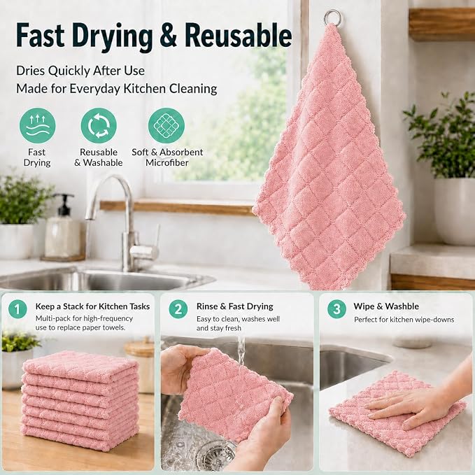kimteny 12 Pack Dish Cloths for Washing Dishes, Super Absorbent Microfiber Kitchen Dish Rags, Fast Drying Coral Velvet Dish Cloths for Kitchen Counter and Dishes (Pink-Green)