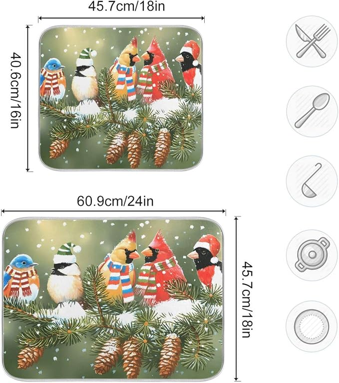 Absorbent Dish Drying Mat for Kitchen Counter - Christmas Birds Snow Microfiber Drying Pad, Reversible Drainer Mats for Countertop, Large 18" x 24"