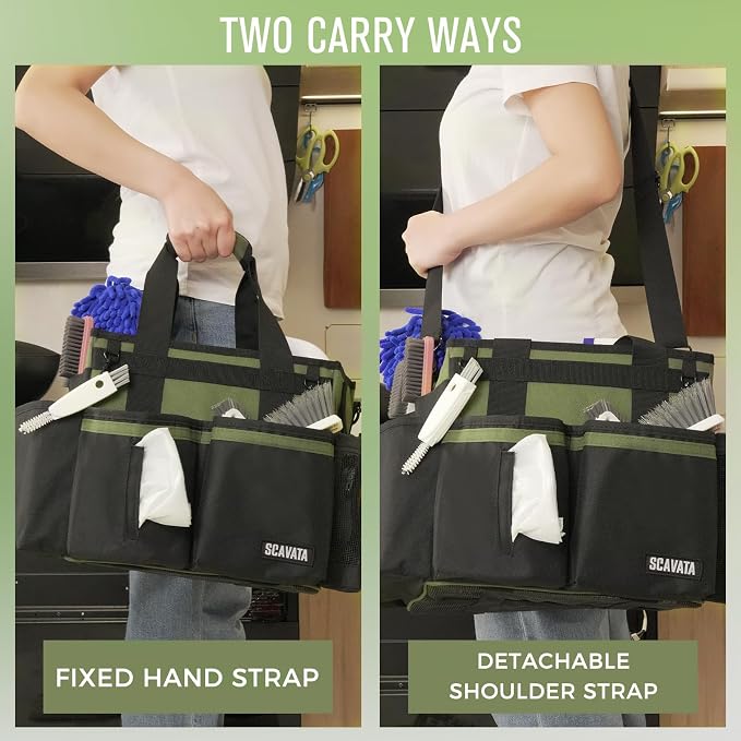 SCAVATA Compact Wearable Cleaning Caddy with Handle & Shoulder Straps | Small Cleaning Supplies Organizer, Under Sink & Car Cleaning Tools Storage Bag for Housekeepers Cleaners, Armygreen