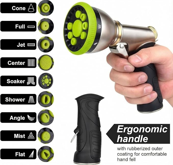 Garden Hose Nozzles,9 Spray Patterns Heavy Duty Metal Hose Sprayer Nozzle | Hose Nozzle Spray High Pressure Slip Resistant Water Sprayer for Plants & Lawns Watering,Car Washing and Pet Showering Green