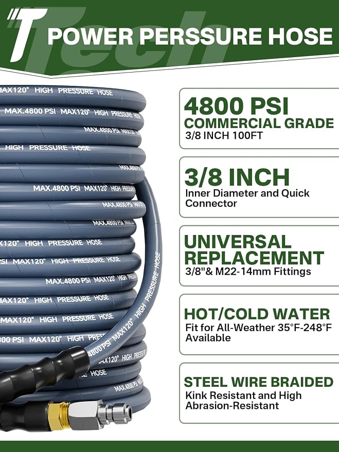 3/8" 4800PSI Pressure Washer Hose 100FT Swivel Quick Connect | Power Washer Hose for Cold/Hot Water Max 248°F, Kink Resistant Steel Wire Braided, Wear Resistant with M22 14mm Adapter