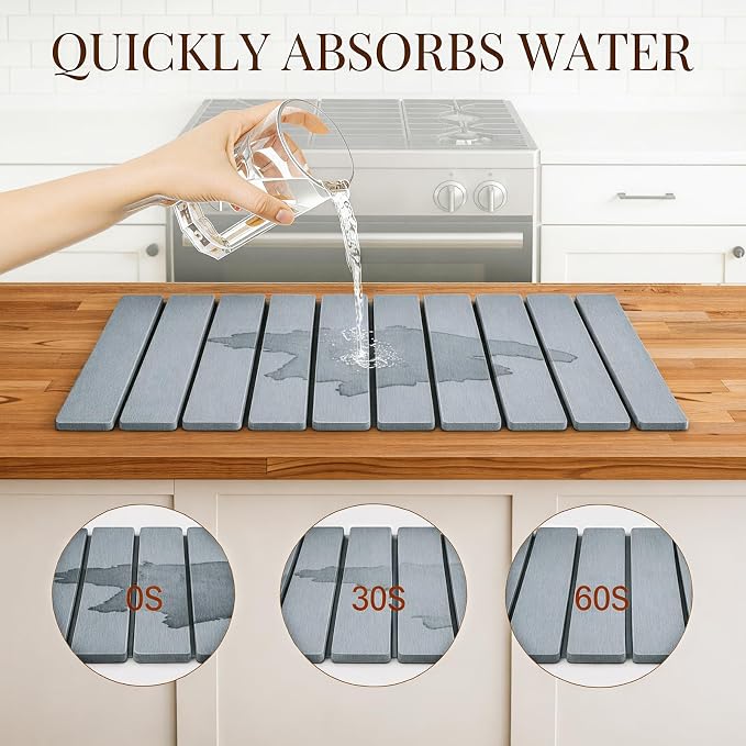 Large Stone Dish Drying Mats for Kitchen Counter 24"(L)×16"(W) Foldable Quick Dry Stone Dish Drying Mats Kitchen Absorbent Diatomaceous Earth Drying Stone Mat for Dishes Bottles Cups Medium Gray