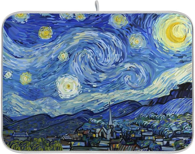 Absorbent Dish Drying Mat for Kitchen Counter - Van Gogh's Starry Sky Blue Microfiber Drying Pad, Reversible Drainer Mats for Countertop, Small 16 x 18 inch