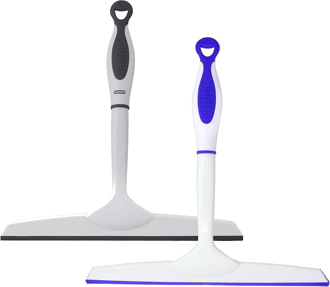 Superio Rubber Squeegee, 2 Pack, Streak Free All Purpose Window Squeegee, Comfort Grip Handle and Hanging Hook (Blue- Grey, 10 Inch- 2 Pack)