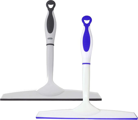 Superio Rubber Squeegee, 2 Pack, Streak Free All Purpose Window Squeegee, Comfort Grip Handle and Hanging Hook (Blue- Grey, 10 Inch- 2 Pack)